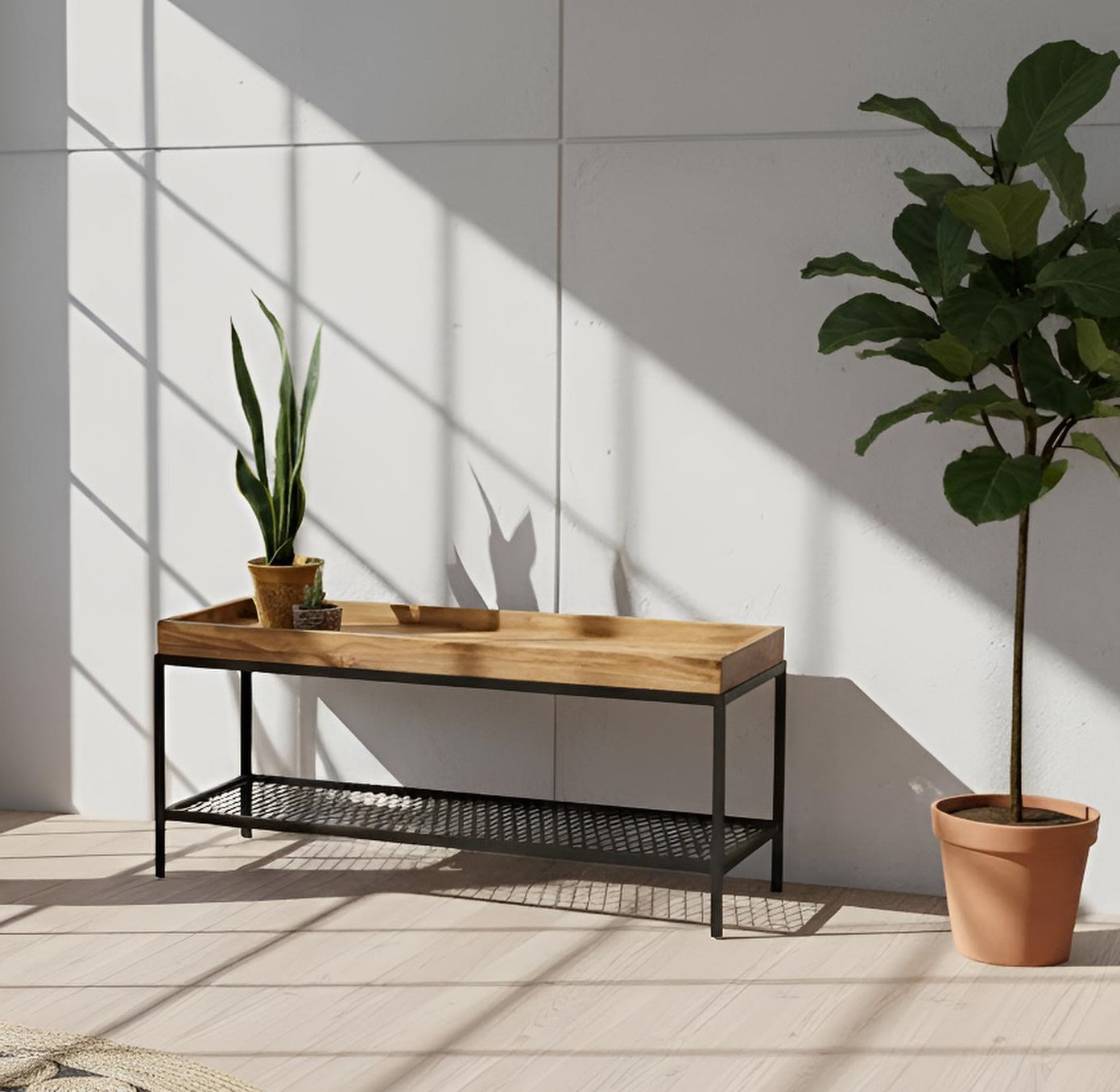 Mesa lateral industrial de fierro y madera, estilo Hairpin modelo ALCALÁ