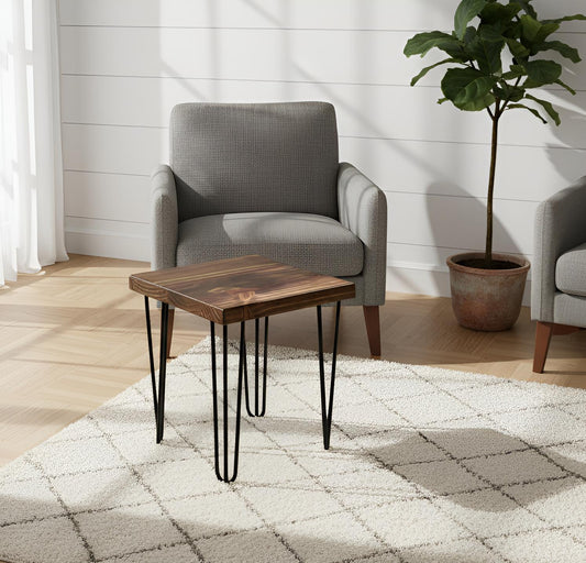 Mesa lateral industrial de fierro y madera estilo Hairpin 45x45x42 Modelo ROTTERDAM Forest